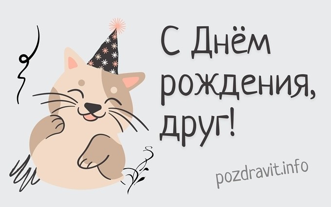 Открытка с улыбающимся котом в праздничном колпаке и надписью: С днем рождения, друг!