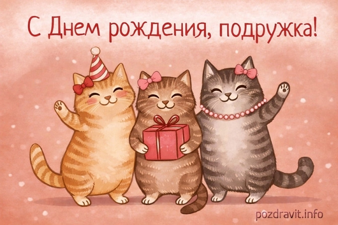 Открытка с днем рождения подружке с милыми кошками и подарком