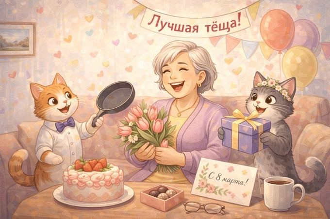 Прикольная иллюстрация к 8 марта с цветами, тортом и шуточной праздничной атмосферой для необычного поздравления тещи.