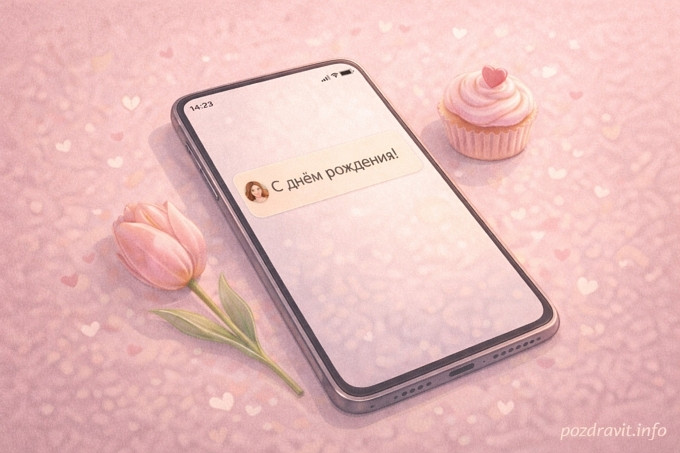 Иллюстрация к короткому смс подруге с днем рождения — современный смартфон с сообщением «С днем рождения!», розовый фон, цветок и десерт рядом