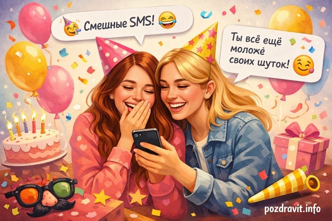 Подруги смеются и читают смешное поздравление на день рождения