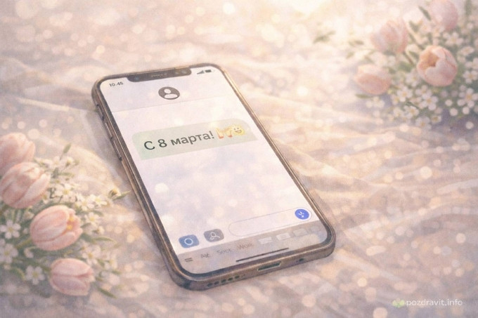 Иллюстрация со смартфоном и коротким сообщением «С 8 марта!» на фоне весенних цветов, создающая ощущение легкого внимания и праздничного смс подруге.