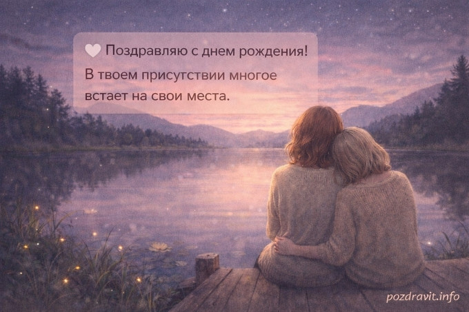 Иллюстрация к поздравлению подруги до мурашек — две женщины сидят рядом на деревянном пирсе у спокойного озера на закате, ощущение близости, тишины и внутреннего отклика